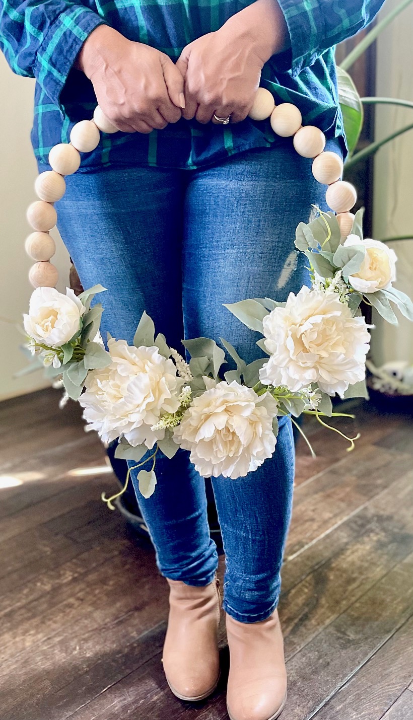 How to DIY wood bead wreath with florals Houzewize